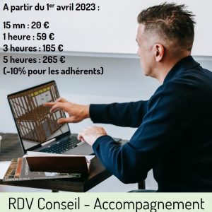 A partir du 1er avril 2023 : 15 mn : 20 € 1 heure : 59 € 3 heures : 165 € 5 heures : 265 € (-10% pour les adhérents)